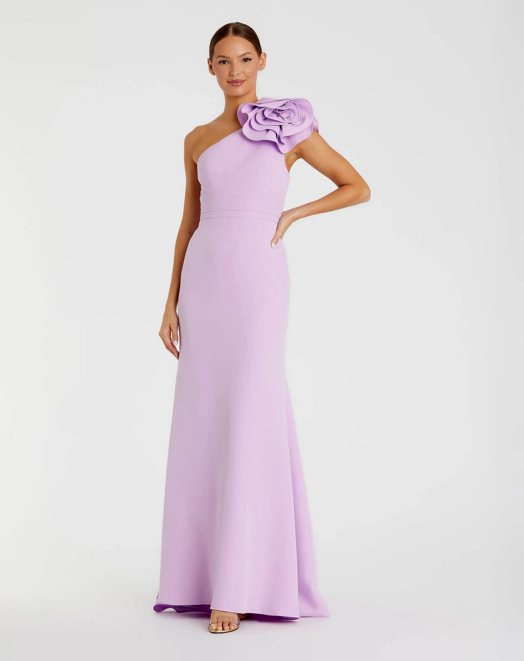 Purple One Shoulder Gown With 3D Flower - FOSTANI.com