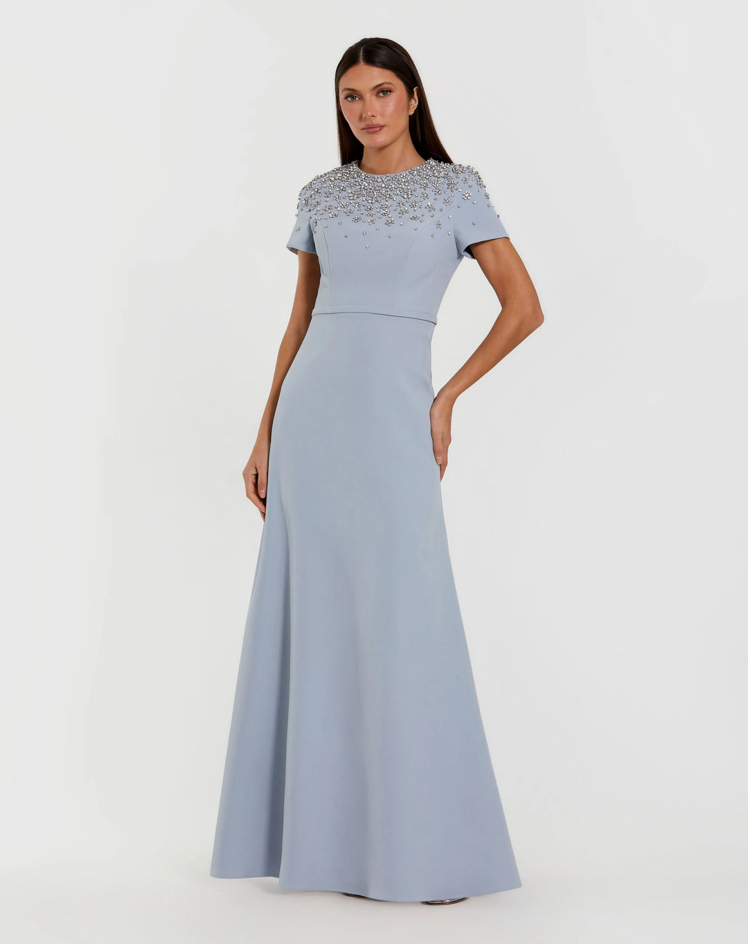 Blue High Neck Rhinestone Embellished Crepe Gown - FOSTANI.com