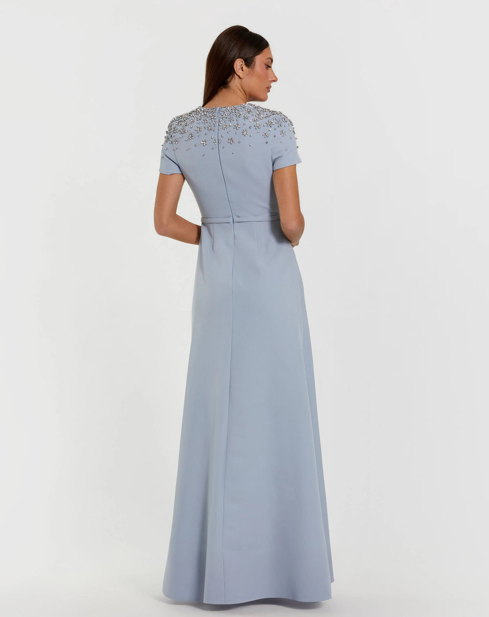 Blue High Neck Rhinestone Embellished Crepe Gown - FOSTANI.com