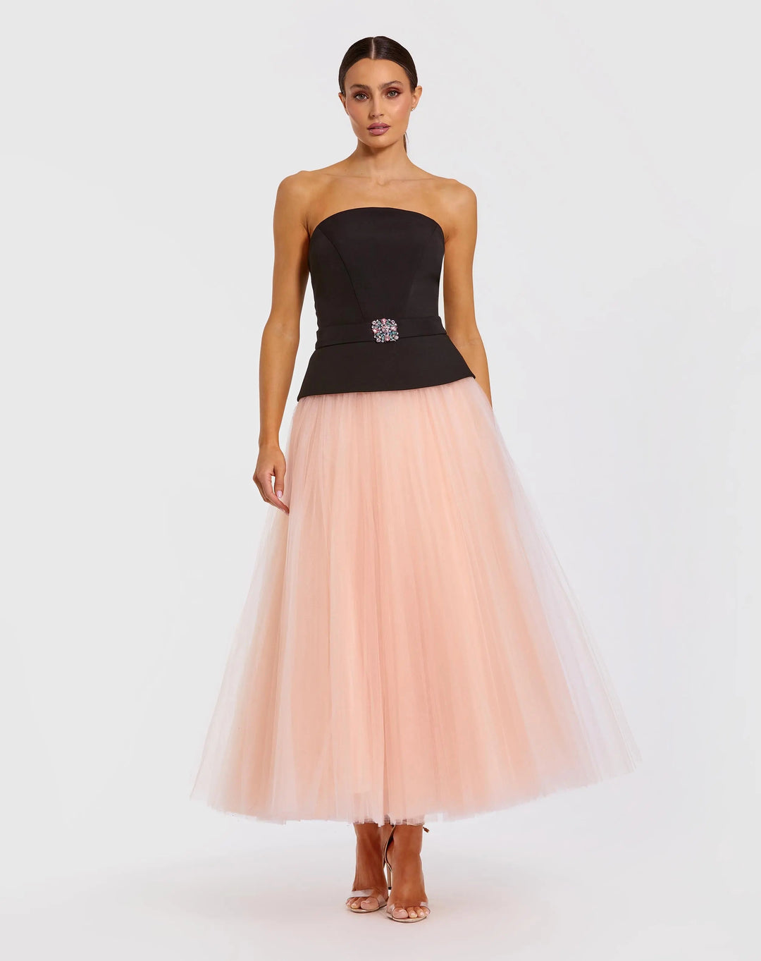 Black and Pink Strapless Midi Dress With Tulle Skirt - FOSTANI.com
