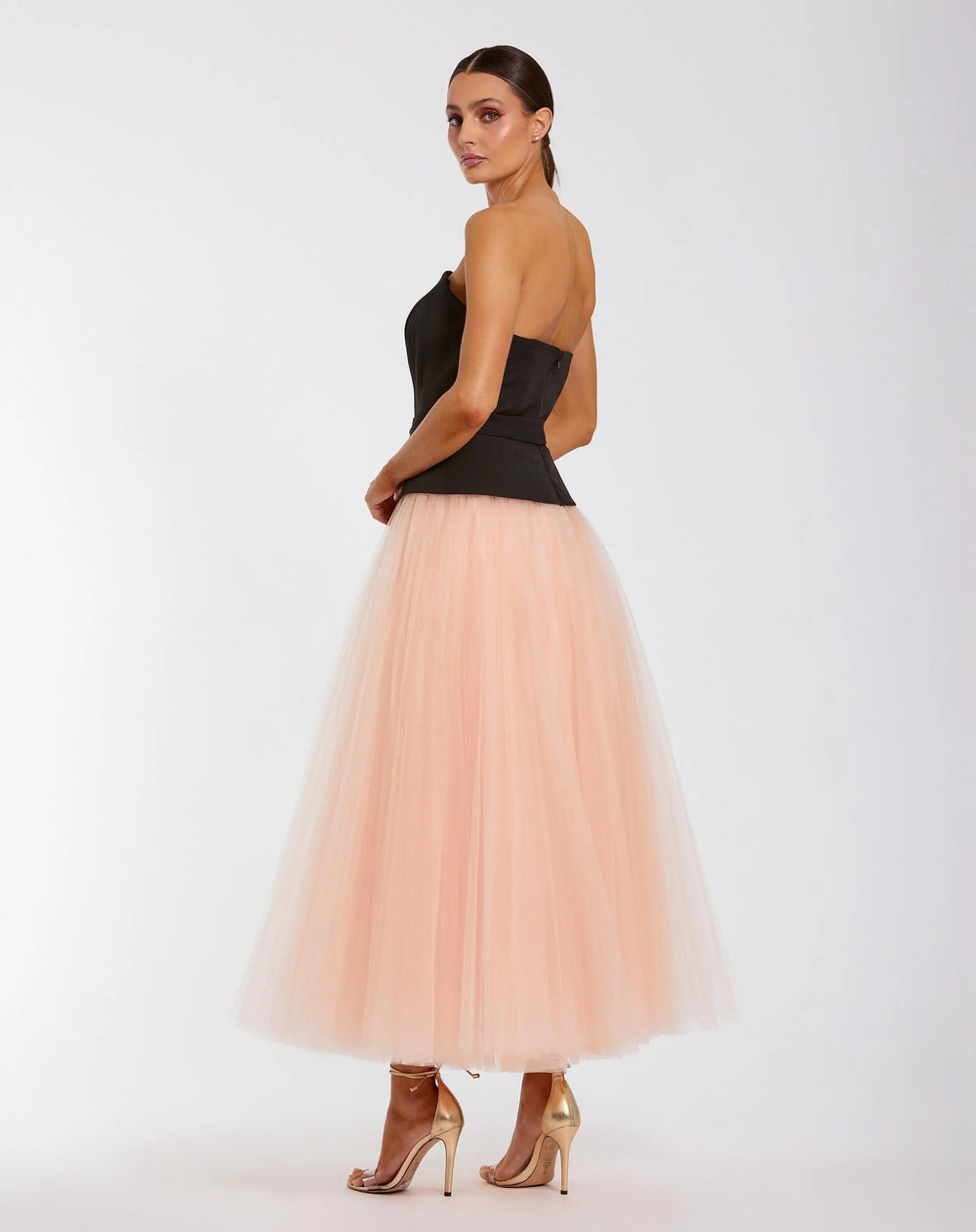 Black and Pink Strapless Midi Dress With Tulle Skirt - FOSTANI.com