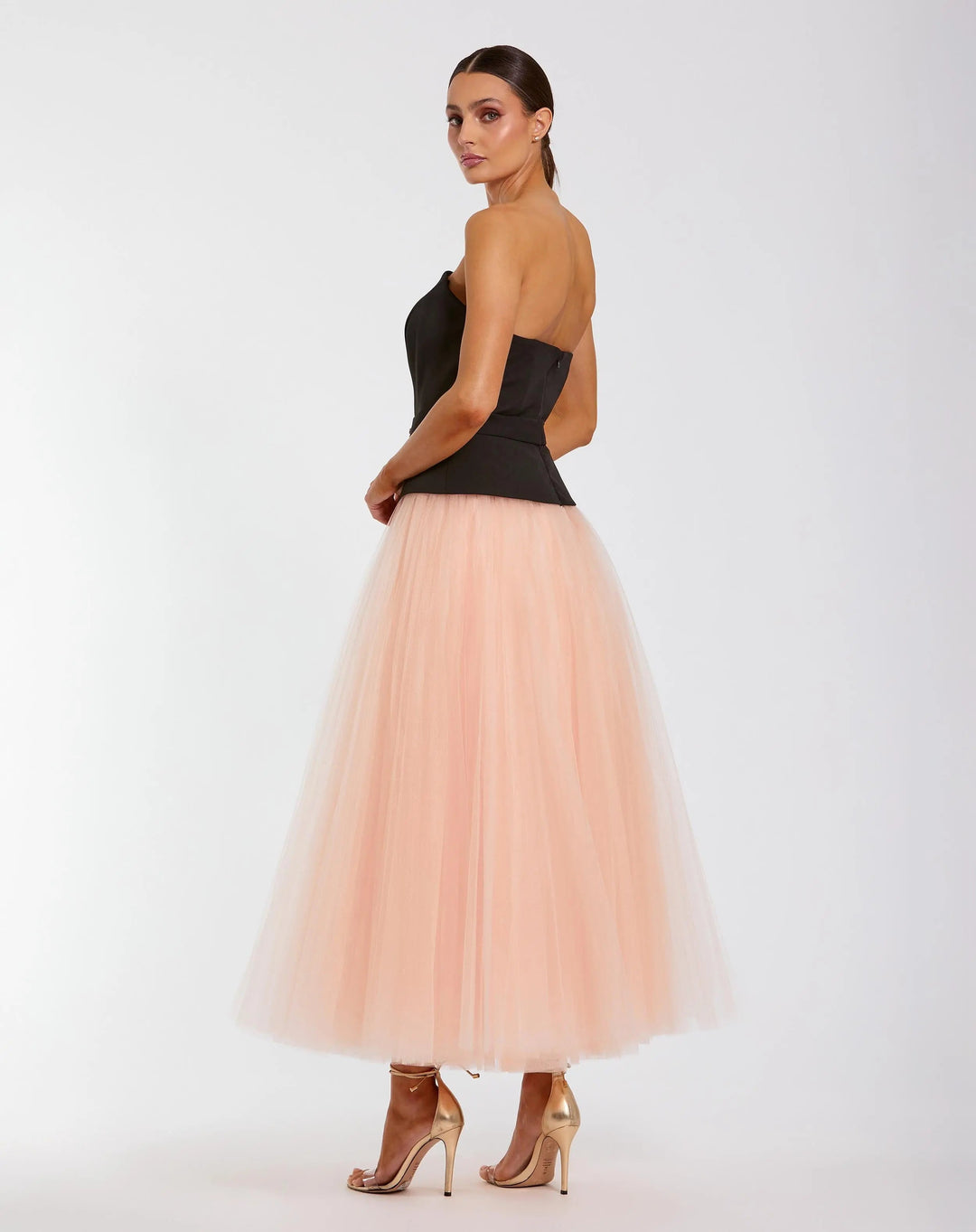 Black and Pink Strapless Midi Dress With Tulle Skirt - FOSTANI.com