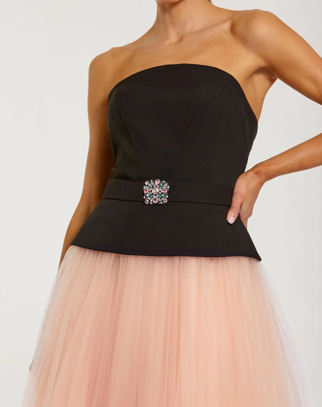Black and Pink Strapless Midi Dress With Tulle Skirt - FOSTANI.com