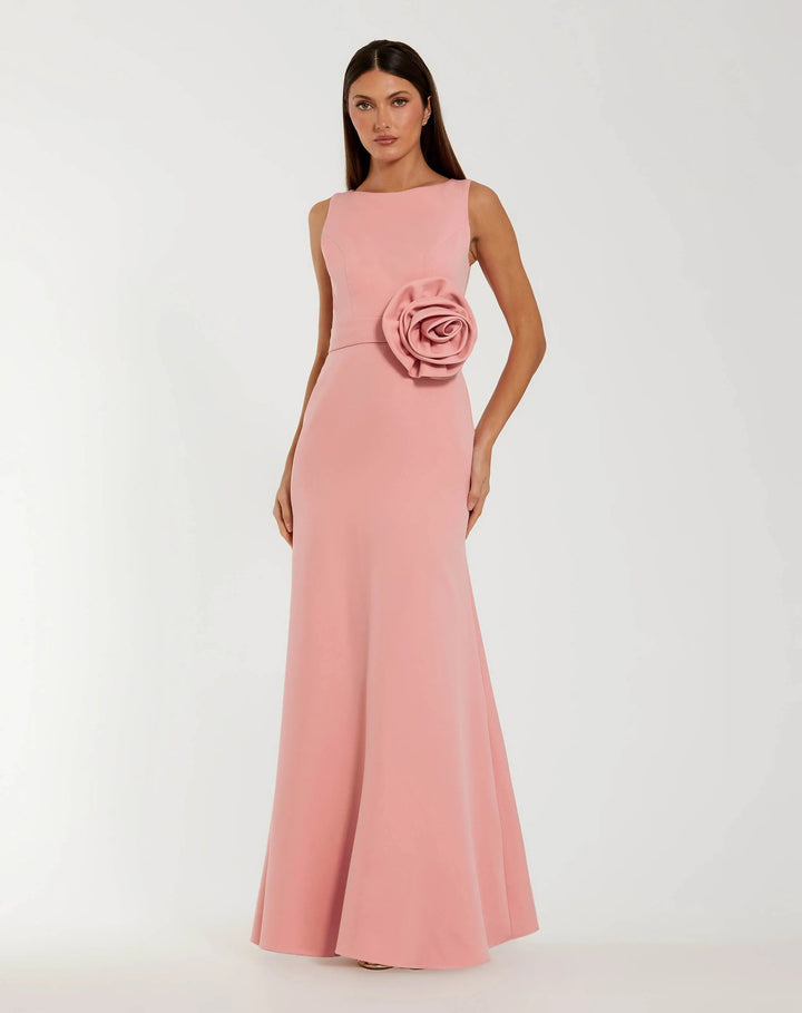 Pink Boat Neck Crepe A Line Gown With Flower - FOSTANI.com