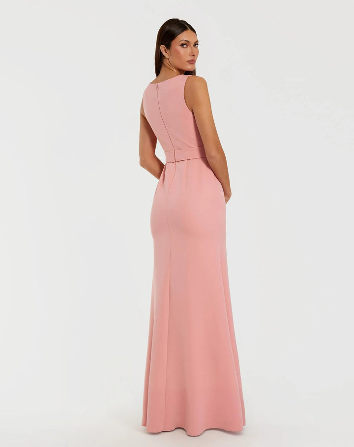 Pink Boat Neck Crepe A Line Gown With Flower - FOSTANI.com