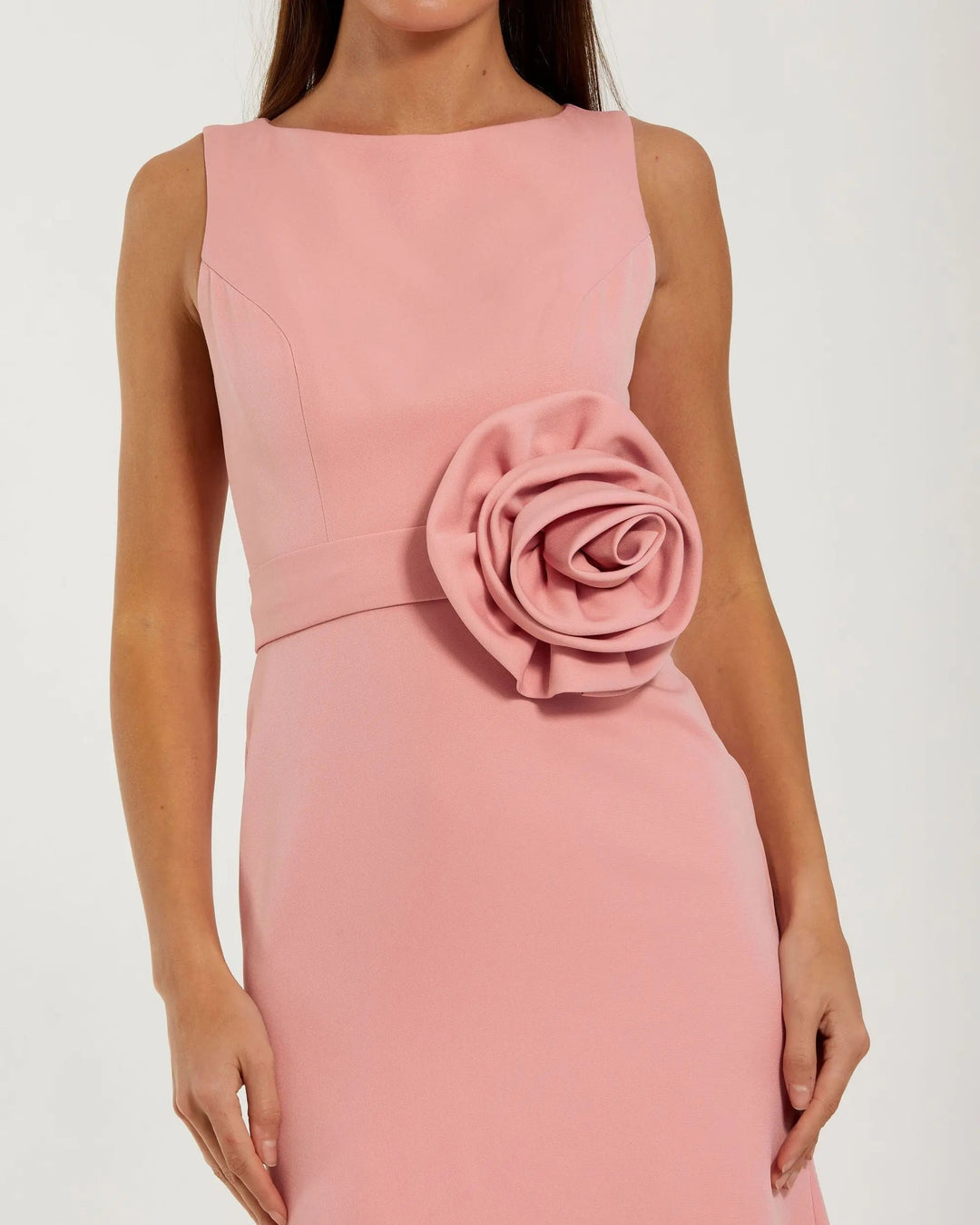 Pink Boat Neck Crepe A Line Gown With Flower - FOSTANI.com