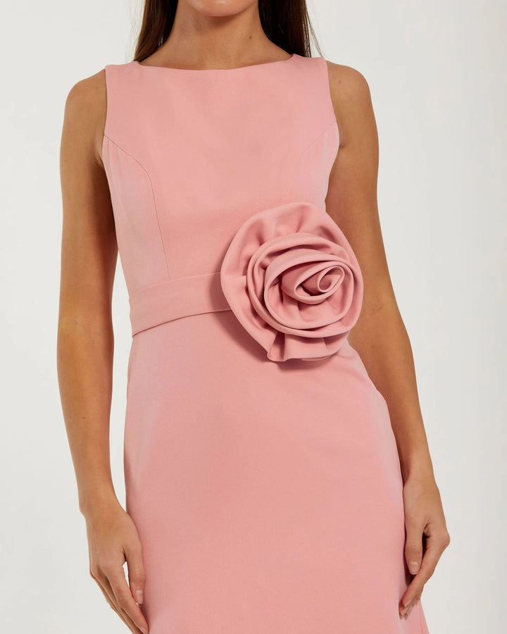 Pink Boat Neck Crepe A Line Gown With Flower - FOSTANI.com