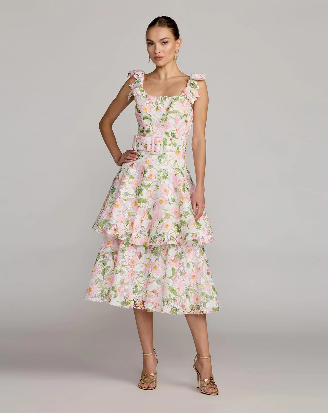 White Multicolor Floral Lace Tiered Midi Dress - FOSTANI.com