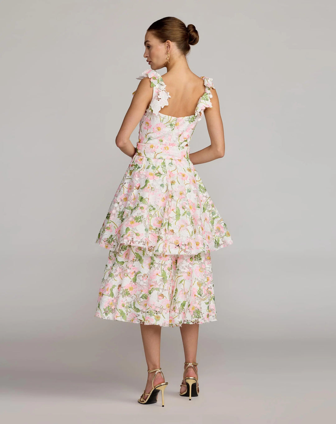 White Multicolor Floral Lace Tiered Midi Dress - FOSTANI.com