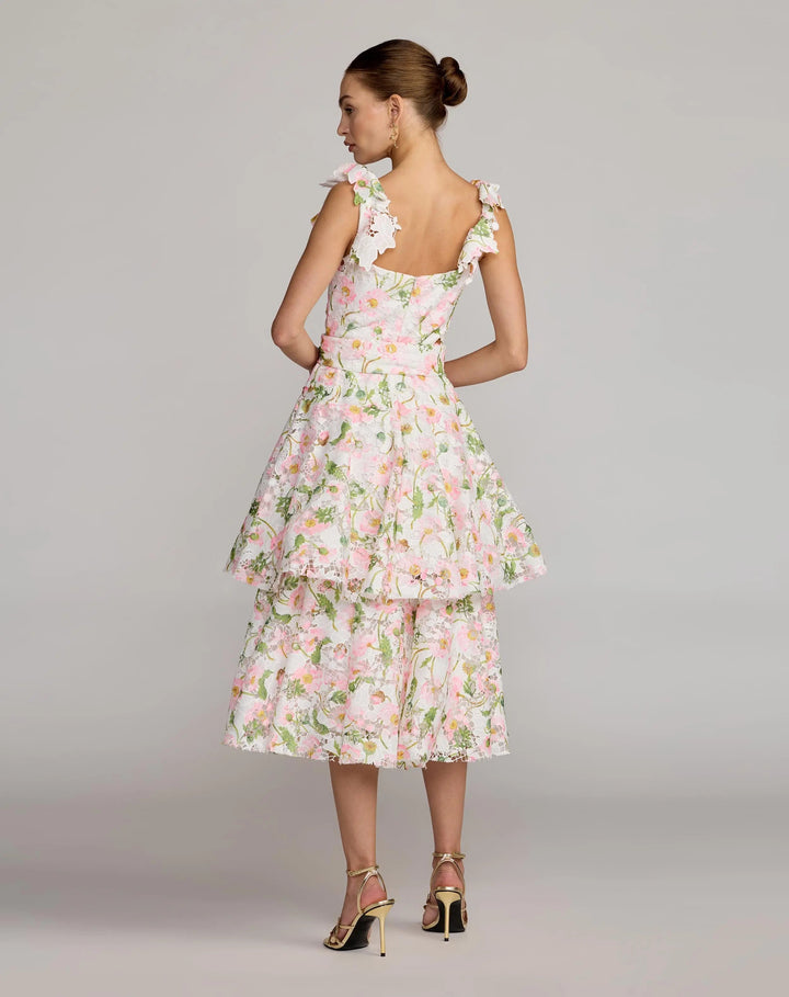 White Multicolor Floral Lace Tiered Midi Dress - FOSTANI.com