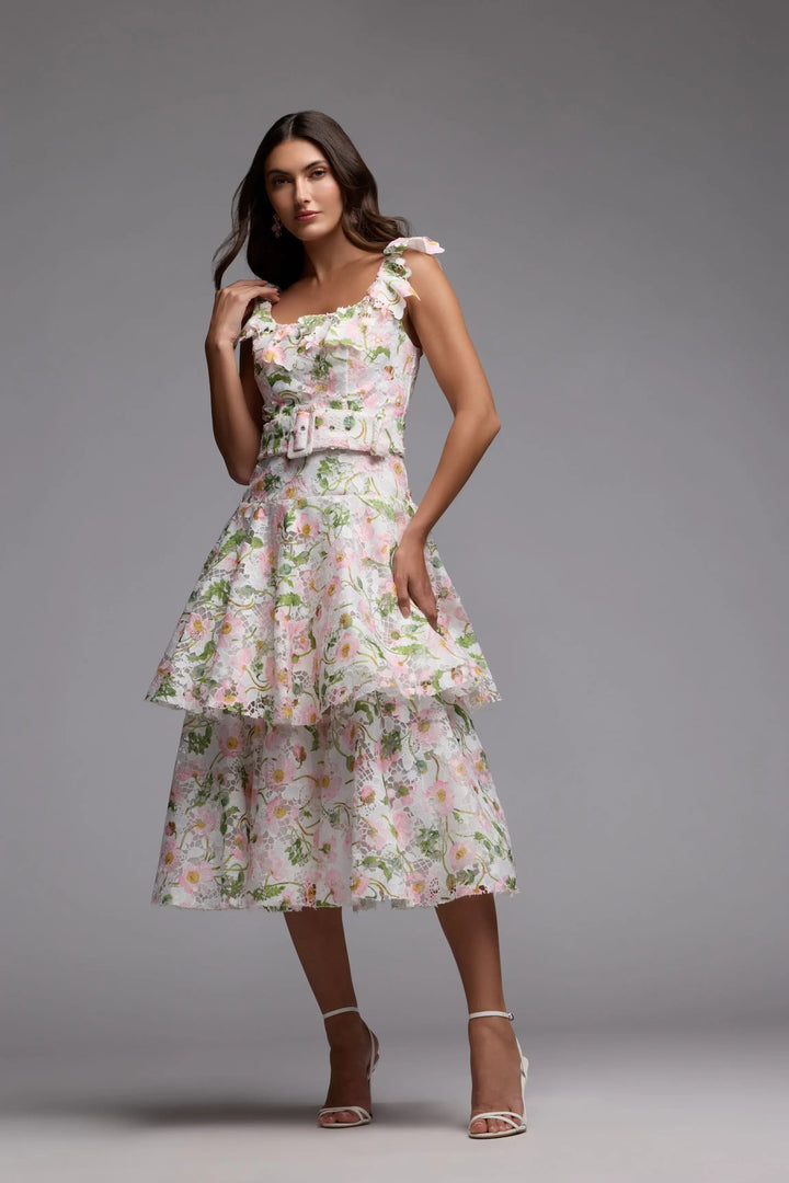 White Multicolor Floral Lace Tiered Midi Dress - FOSTANI.com