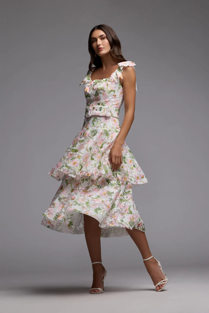 White Multicolor Floral Lace Tiered Midi Dress - FOSTANI.com
