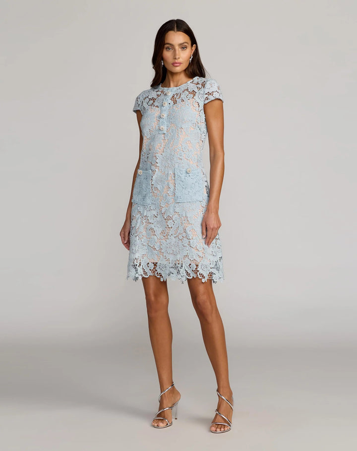 Blue Lace Button Front Mini Dress - FOSTANI.com