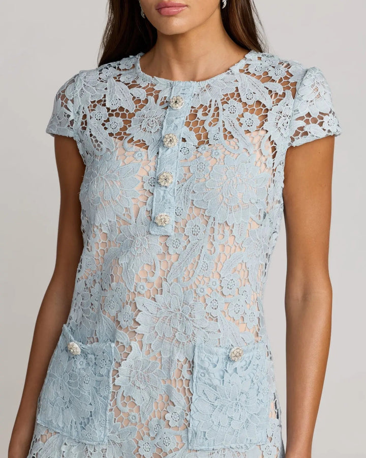 Blue Lace Button Front Mini Dress - FOSTANI.com