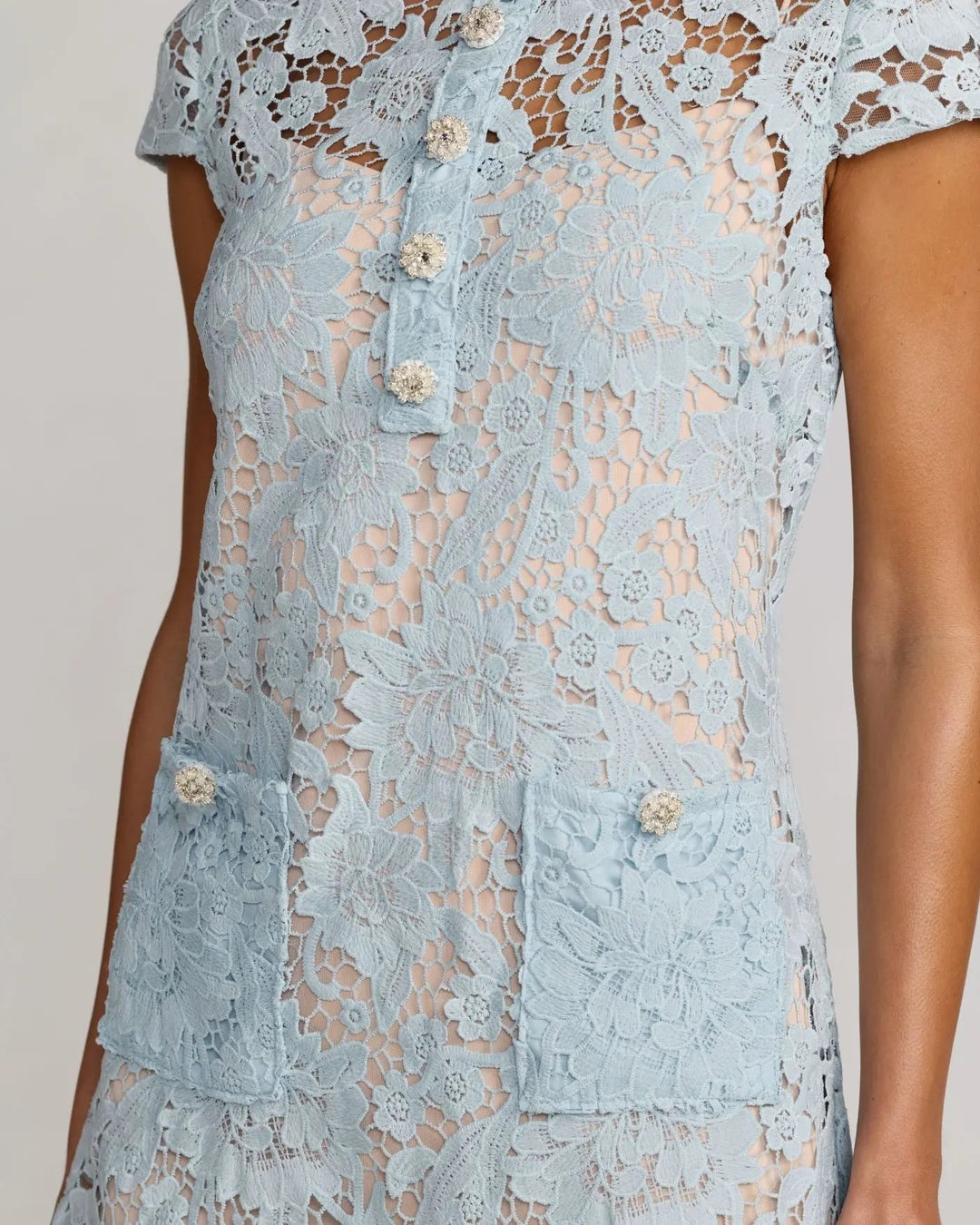 Blue Lace Button Front Mini Dress - FOSTANI.com