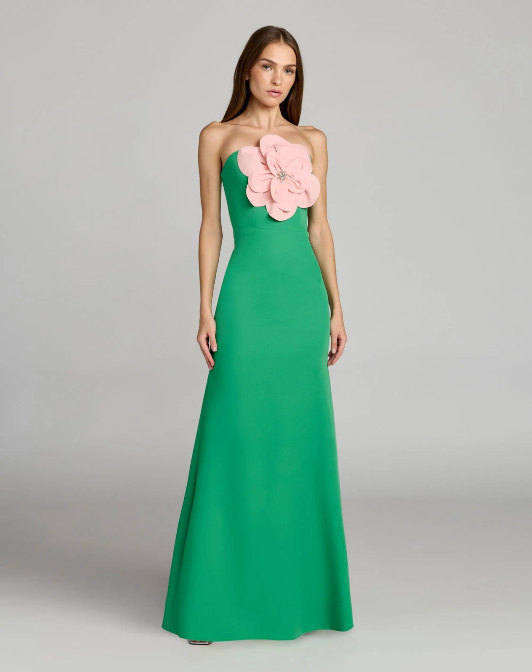 Green Strapless Crepe Gown With 3D Flower - FOSTANI.com