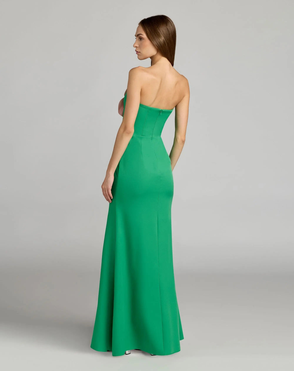 Green Strapless Crepe Gown With 3D Flower - FOSTANI.com