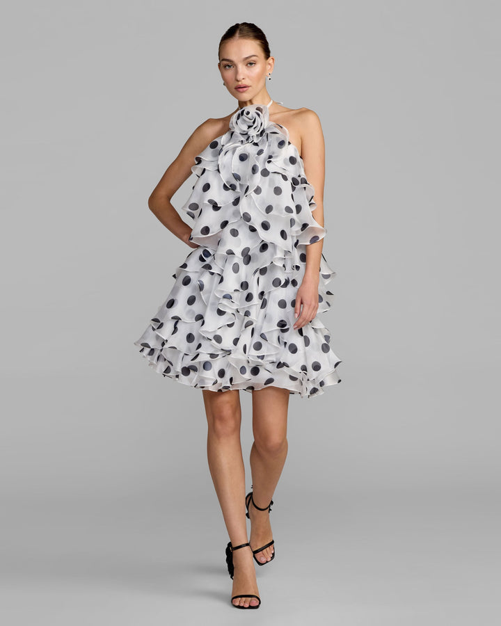 White Polka Dot Halter Neck Ruffle Mini Dress - FOSTANI.com