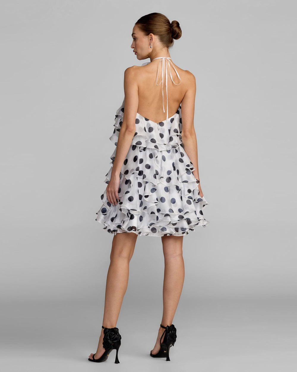 White Polka Dot Halter Neck Ruffle Mini Dress - FOSTANI.com