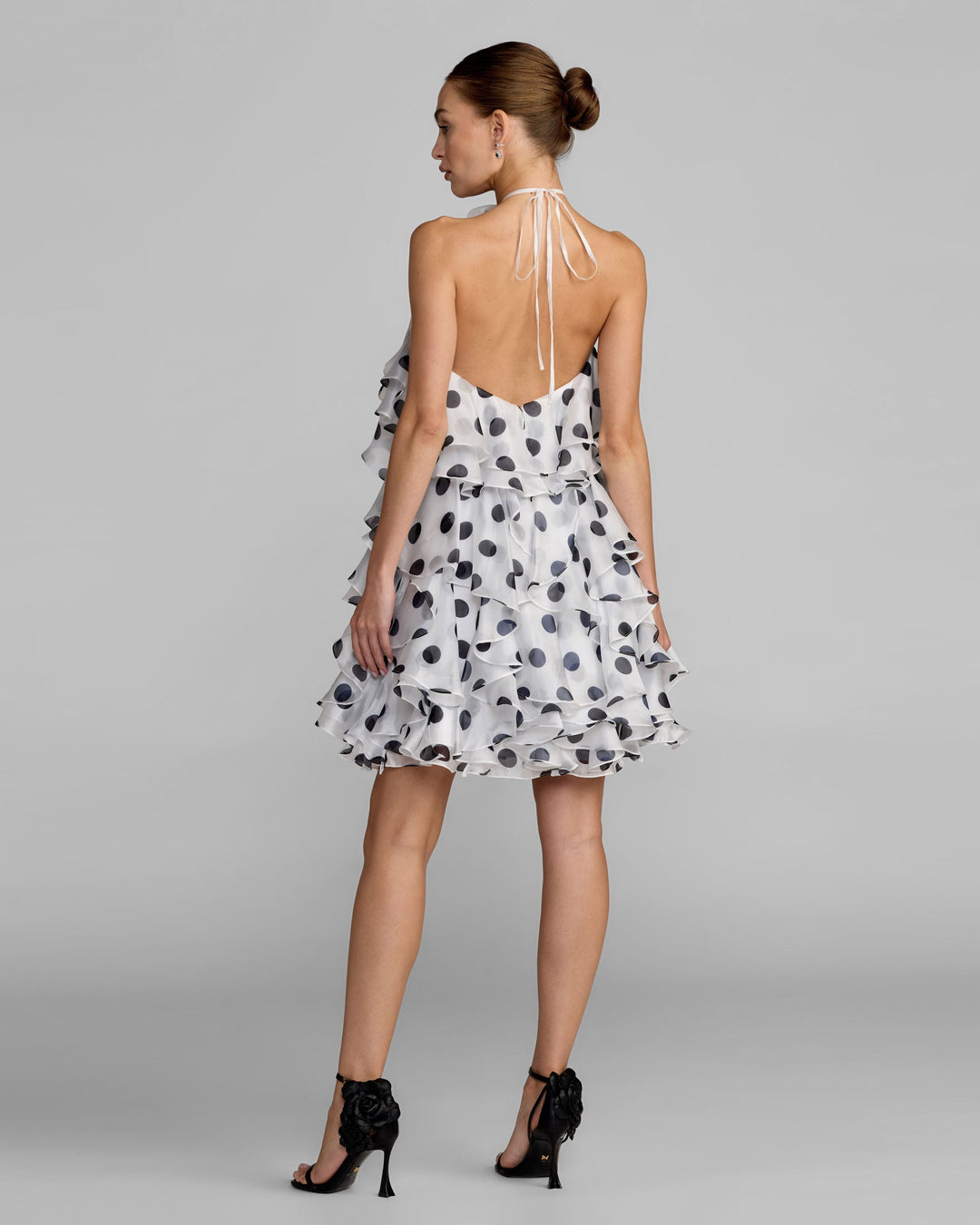 White Polka Dot Halter Neck Ruffle Mini Dress - FOSTANI.com