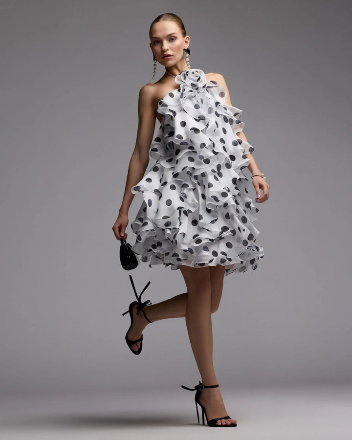 White Polka Dot Halter Neck Ruffle Mini Dress - FOSTANI.com