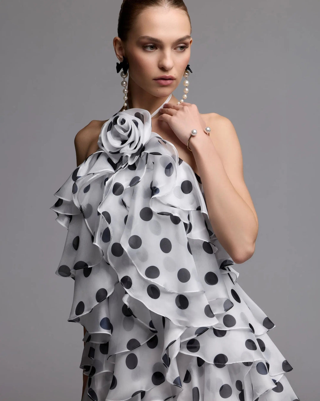 White Polka Dot Halter Neck Ruffle Mini Dress - FOSTANI.com