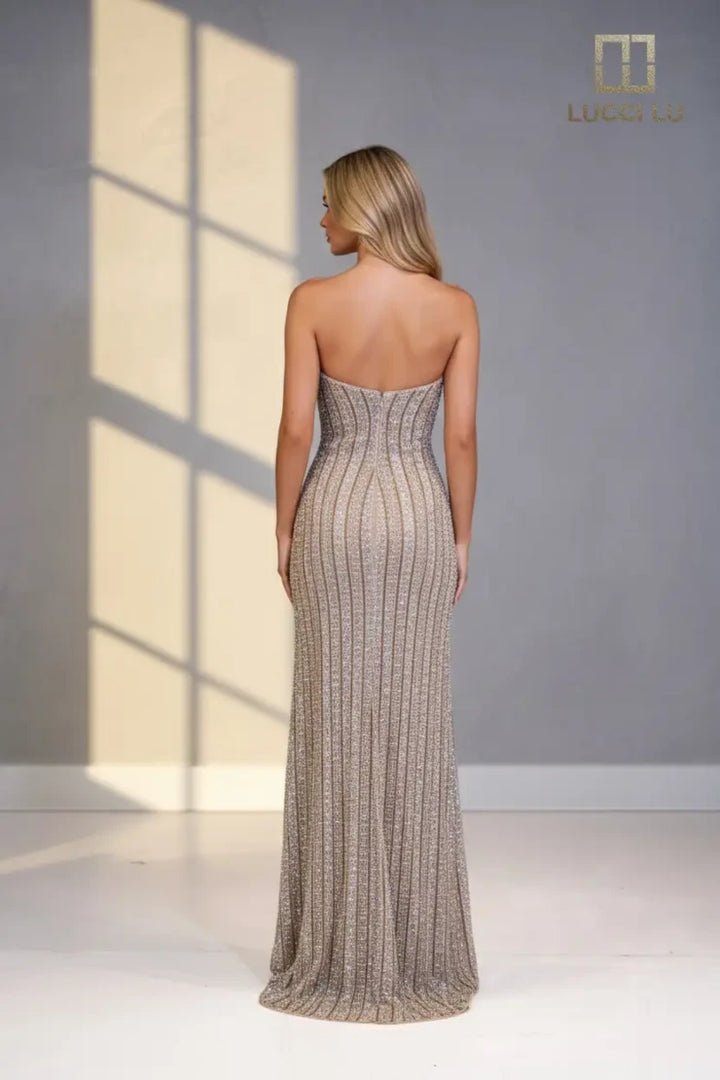 Lucci Lu 92145 Beaded Plunging V-Neckline Evening Dress