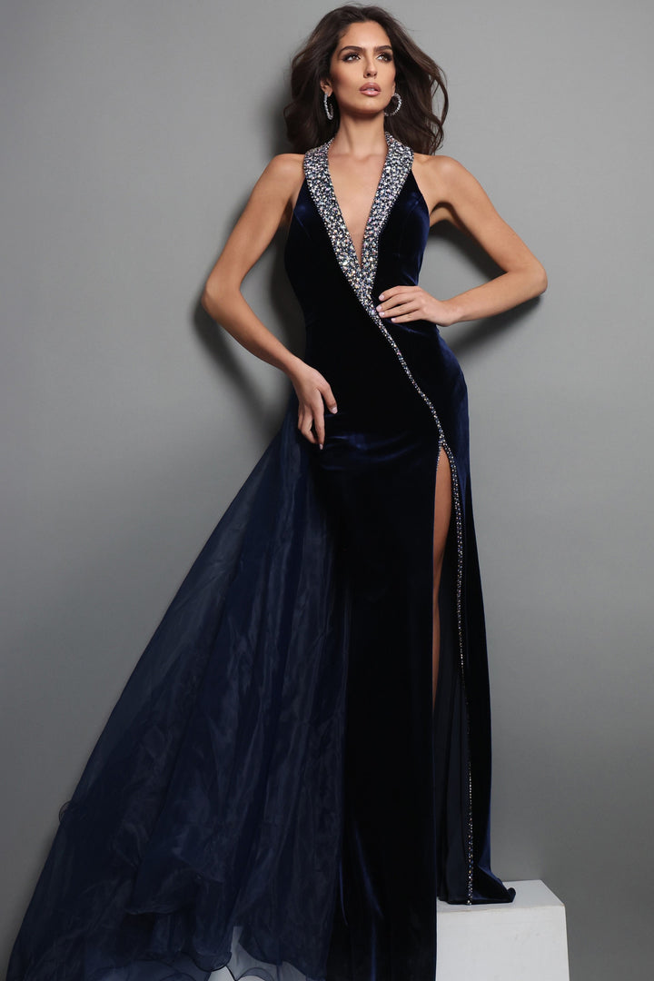 Jovani 50544 Velvet V Neck High Long Dress