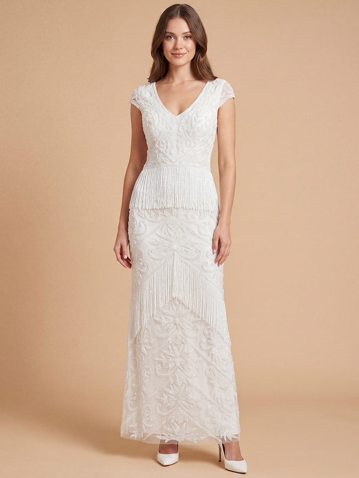 Lara 51222 Cap Sleeve Bridal Beaded Gown with Fringe