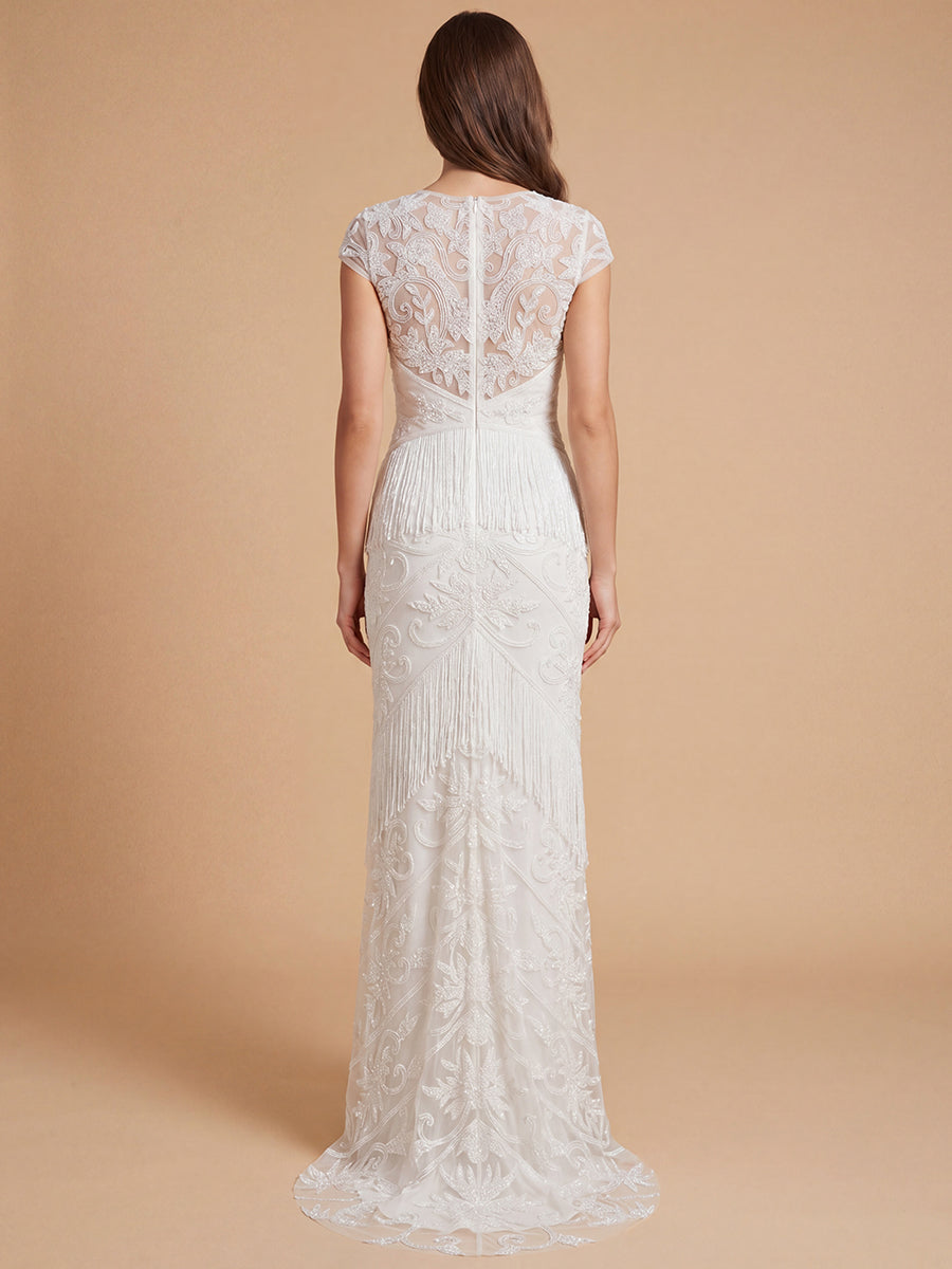 Lara 51222 Cap Sleeve Bridal Beaded Gown with Fringe
