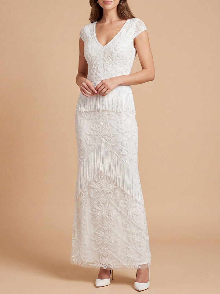 Lara 51222 Cap Sleeve Bridal Beaded Gown with Fringe