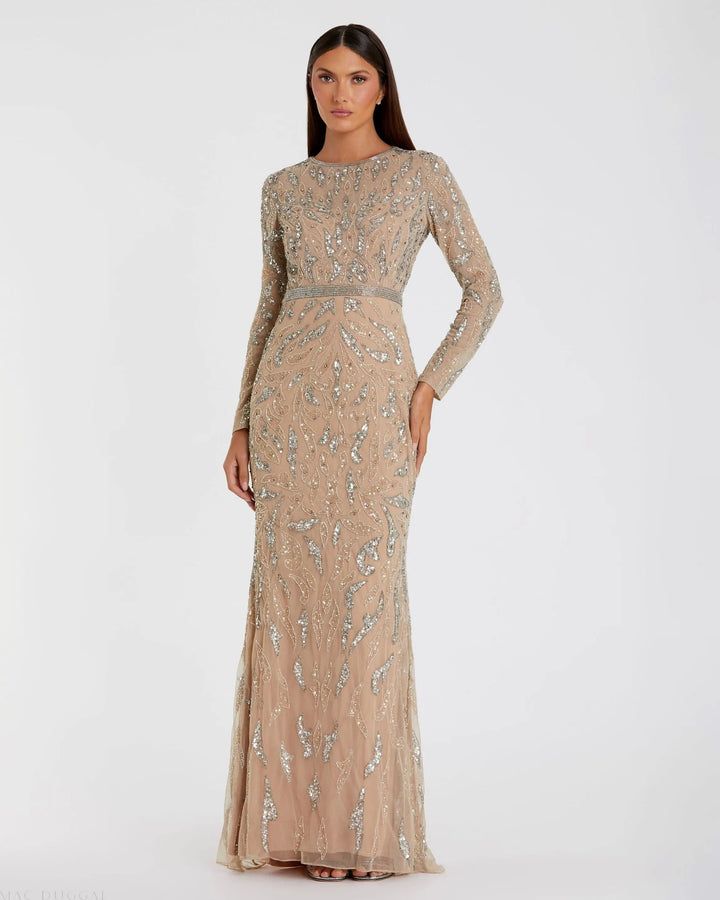 Mac Duggal 5124 Beige Long Sleeve Beaded Evening Gown