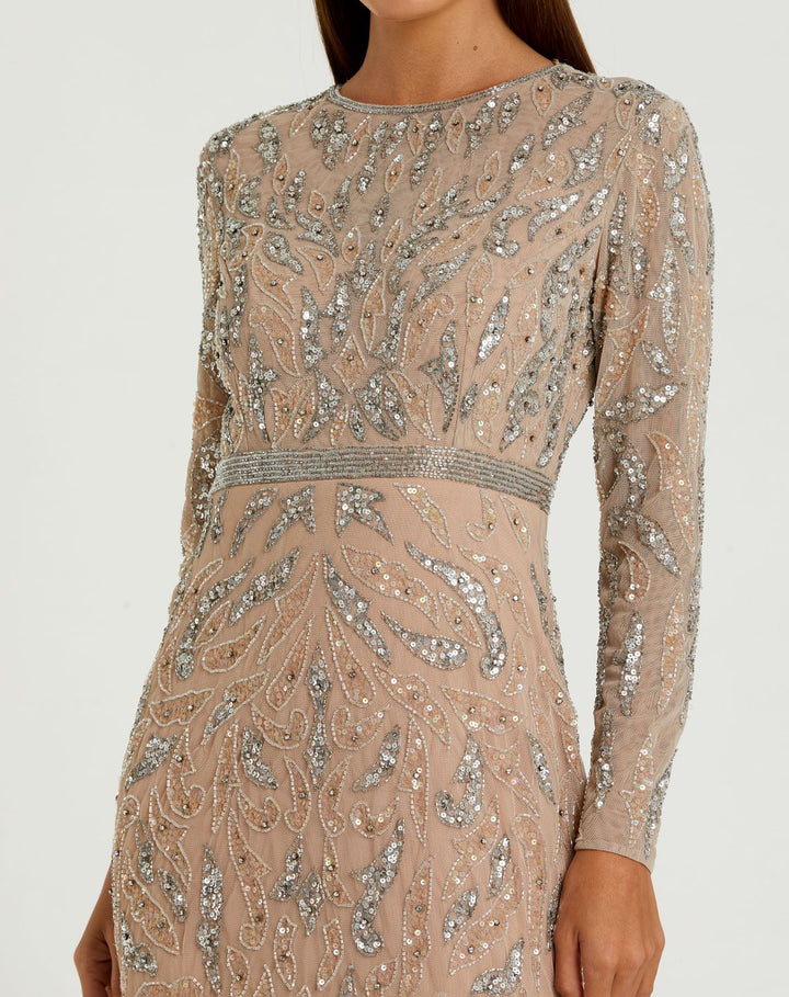 Mac Duggal 5124 Beige Long Sleeve Beaded Evening Gown
