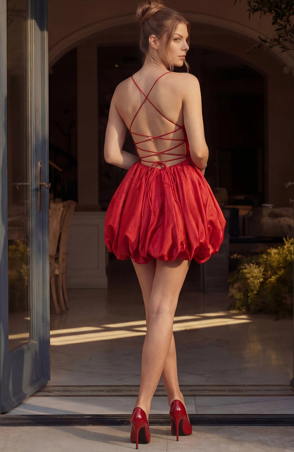 Jovani 52145 Satin Lace Up Bubble Hem Mini Dress - FOSTANI.com