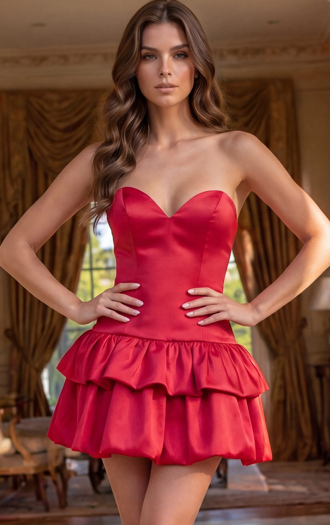 Satin Strapless Tiered Bubble Mini Dress 52146 - FOSTANI.com