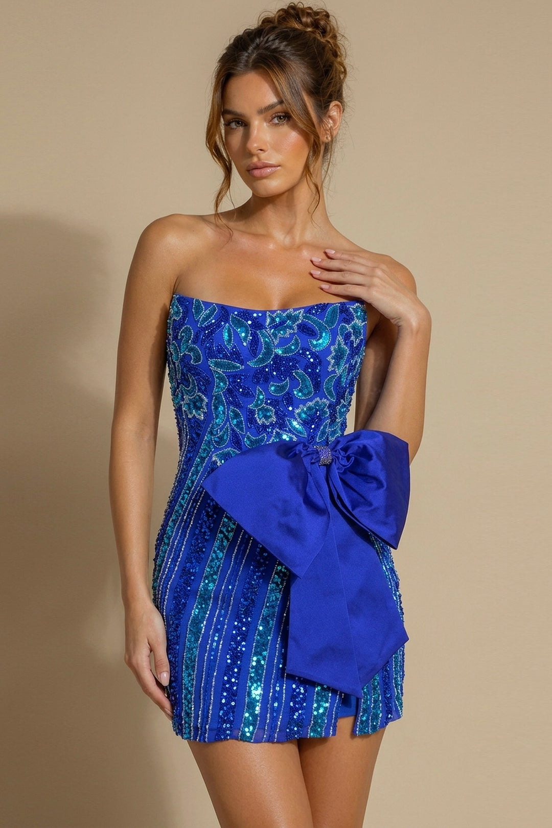 Jovani 53737 Royal Blue Sequin Strapless Bow Mini Dress - FOSTANI.com