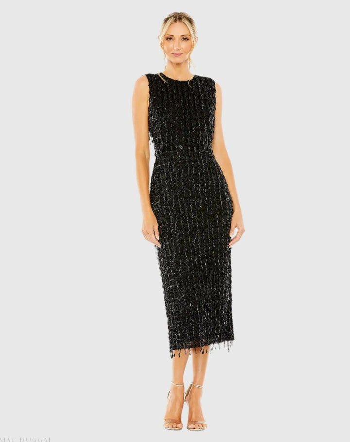 Mac Duggal 5471 Sleeveless High Neck Beaded Midi Sheath Dress