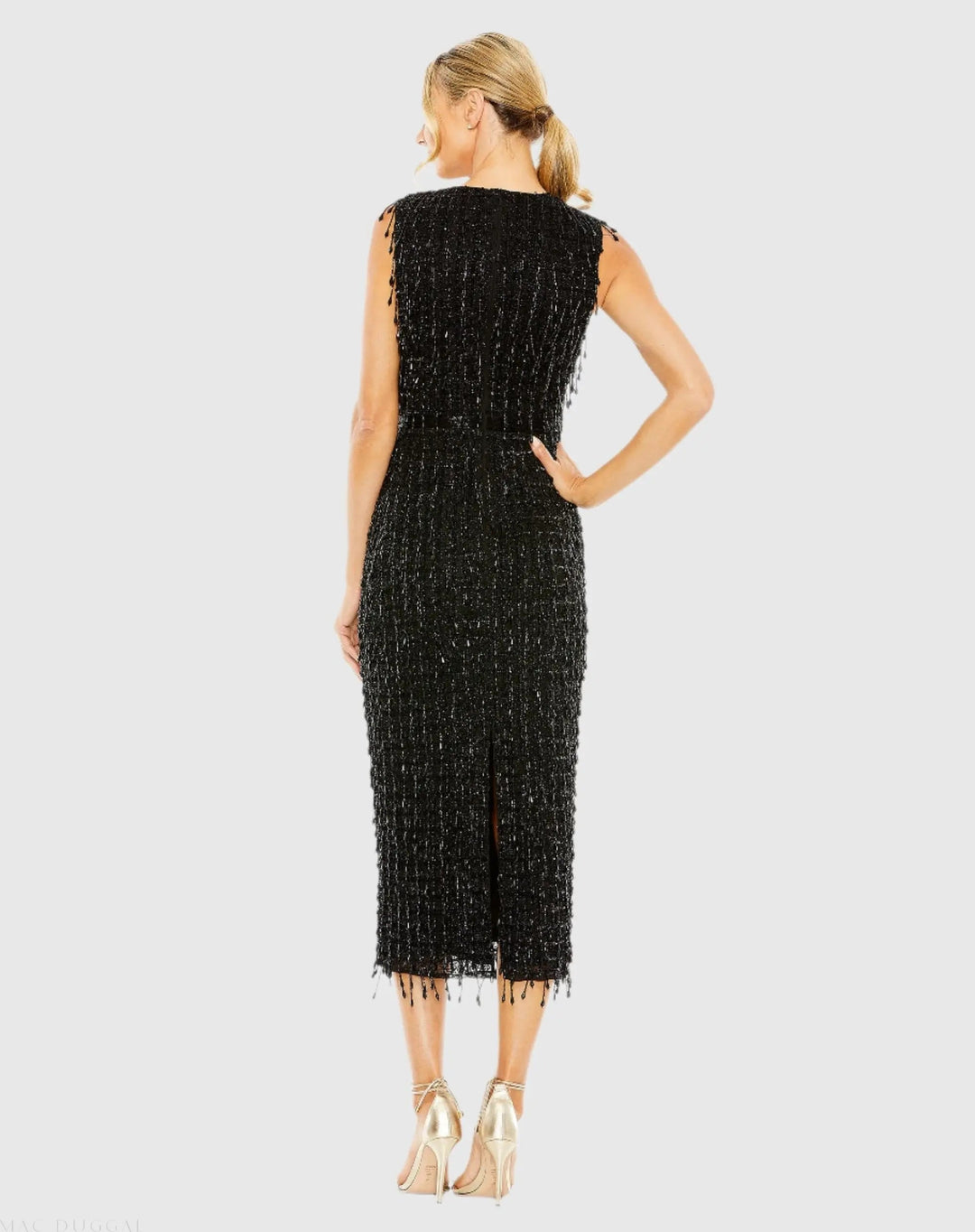Mac Duggal 5471 Sleeveless High Neck Beaded Midi Sheath Dress