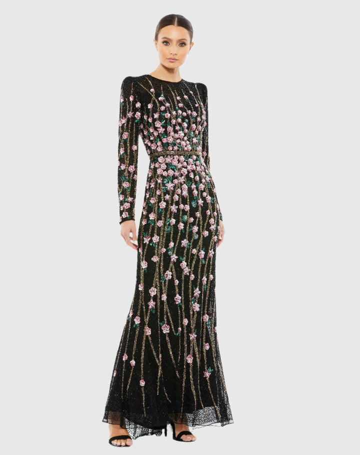 Mac Duggal 5492 Black Embellished High Neck Long Sleeve Gown