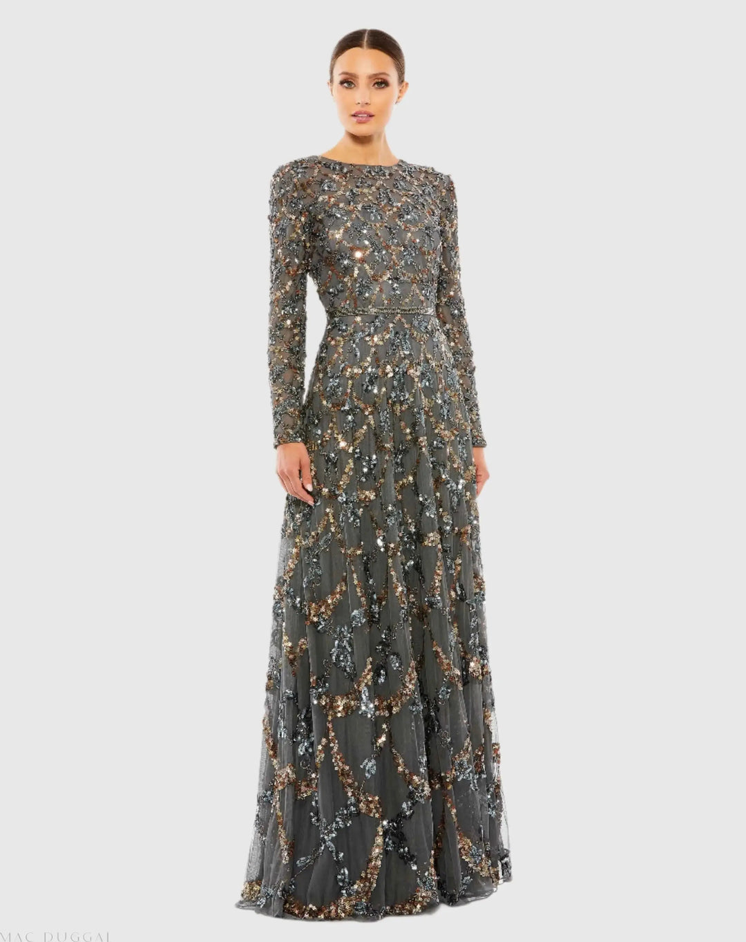 Mac Duggal 5496 Gray Embellished Illusion High Neck Long Sleeve A Line Gown