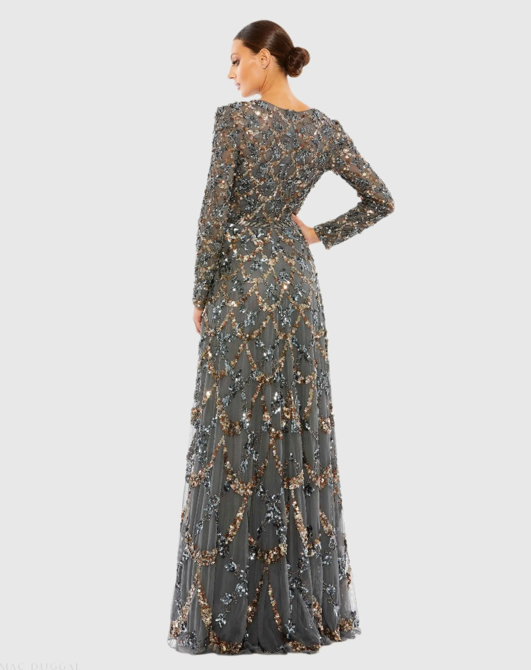 Mac Duggal 5496 Gray Embellished Illusion High Neck Long Sleeve A Line Gown