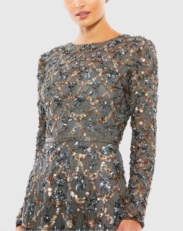 Mac Duggal 5496 Gray Embellished Illusion High Neck Long Sleeve A Line Gown