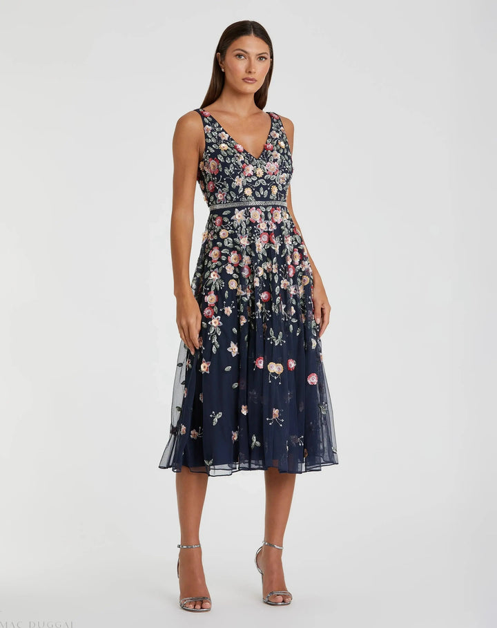 Mac Duggal 5527 V-Neck Sleeveless Midi Floral Beaded A-line Dress