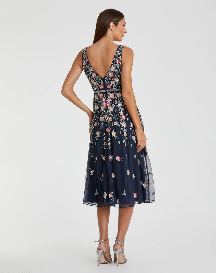 Mac Duggal 5527 V-Neck Sleeveless Midi Floral Beaded A-line Dress