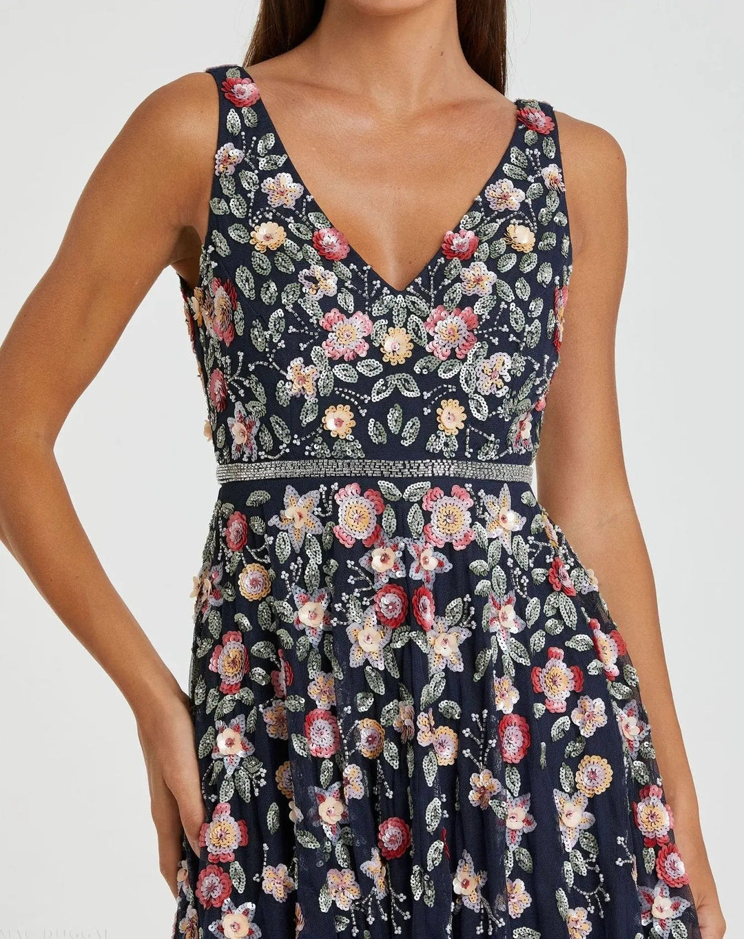 Mac Duggal 5527 V-Neck Sleeveless Midi Floral Beaded A-line Dress
