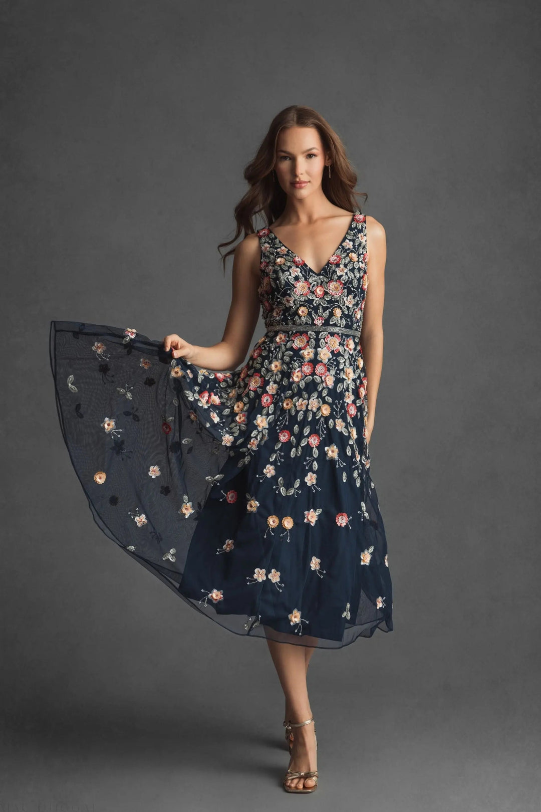 Mac Duggal 5527 V-Neck Sleeveless Midi Floral Beaded A-line Dress