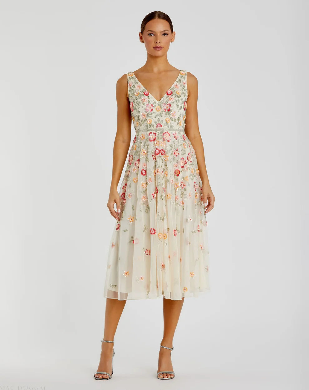 Mac Duggal 5527 V-Neck Sleeveless Midi Floral Beaded A-line Dress