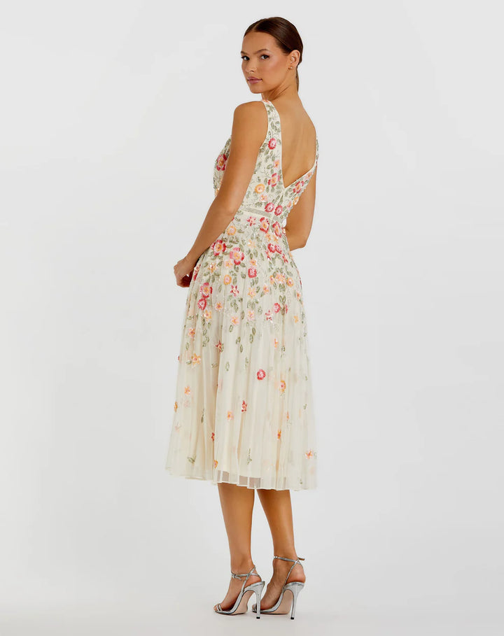 Mac Duggal 5527 V-Neck Sleeveless Midi Floral Beaded A-line Dress