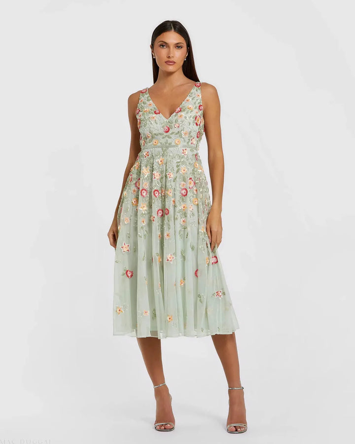 Mac Duggal 5527 V-Neck Sleeveless Midi Floral Beaded A-line Dress
