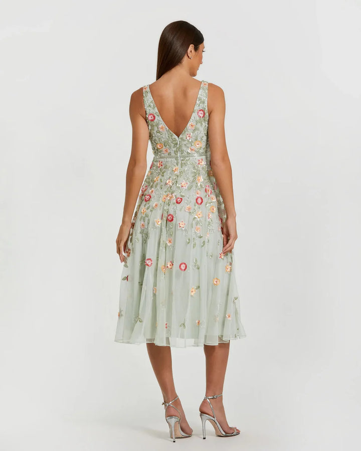 Mac Duggal 5527 V-Neck Sleeveless Midi Floral Beaded A-line Dress